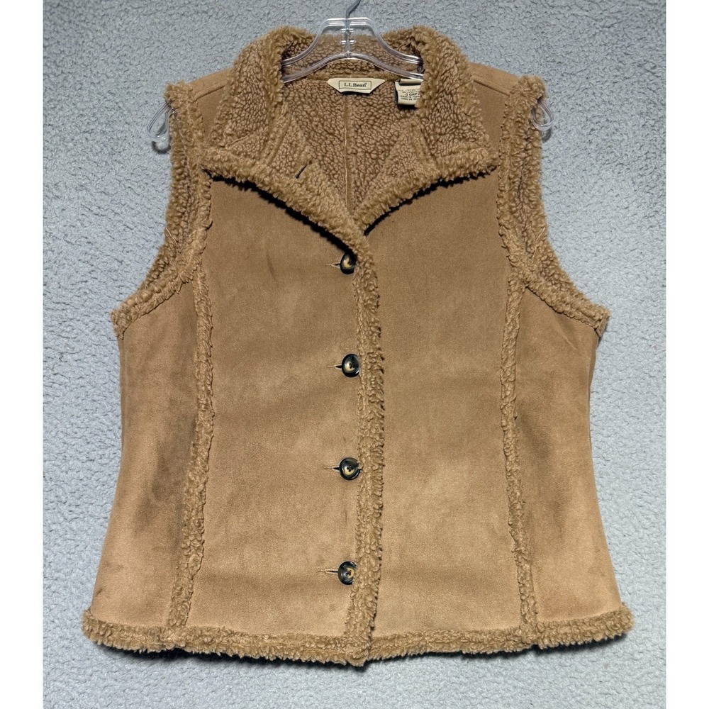 LL Bean Large Faux Fur Lined Button Brown Vest Womens Size Medium (O GHP1)